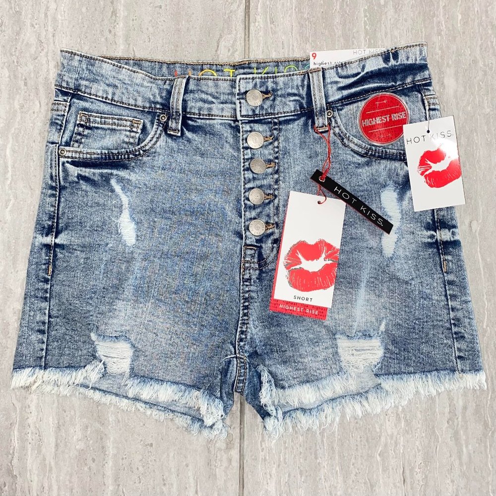 Hot Kiss Highest Rise Button Fly Distressed Raw Hem Shorts Denim Size 9